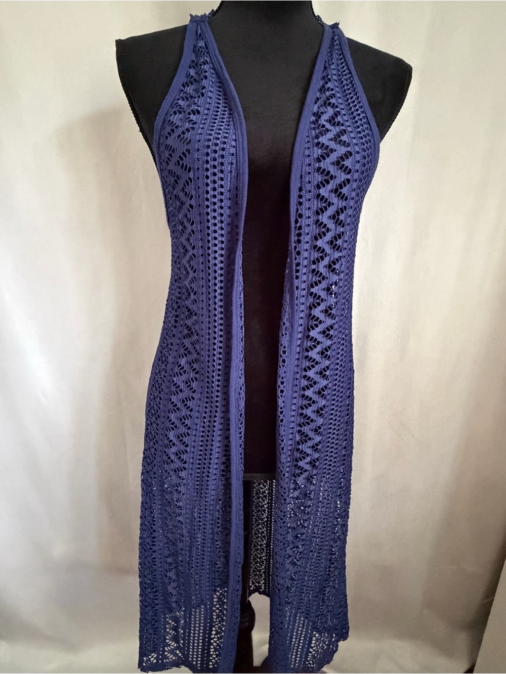 Vest Womens M Blue Crochet Open Knit Long Duster Blue Boho Fairy Festival
